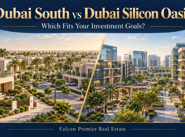 Side-by-side comparison of Dubai South villas and Dubai Silicon Oasis apartment towers, titled “Dubai South vs Dubai Silicon Oasis: Which Fits Your Investment Goals?” by Falcon Premier Real Estate