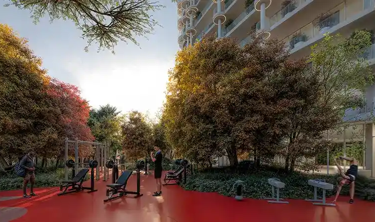 Outdoor fitness area at Sakura Gardens Falcon City Dubai