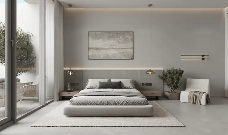Modern apartment bedroom at Sakura Gardens Dubailand