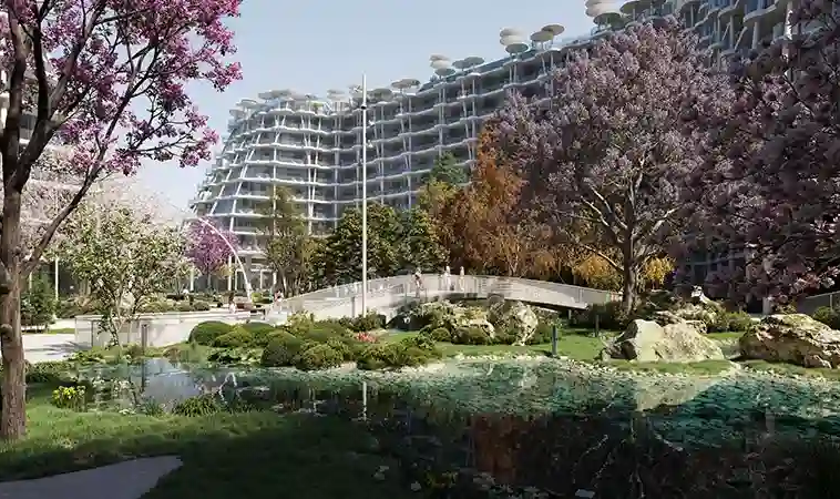 Japanese-inspired landscaped garden at Sakura Gardens Dubai