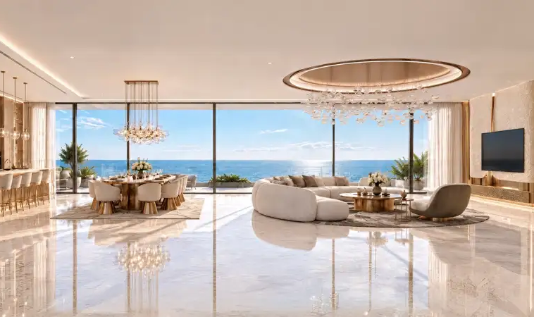 Luxury waterfront apartment living room at Shahrukhz Residences