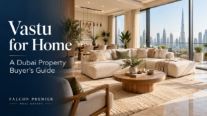 Vastu for Home blog cover showing a bright apartment living room with Dubai skyline views.