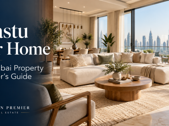 Vastu for Home blog cover showing a bright apartment living room with Dubai skyline views.