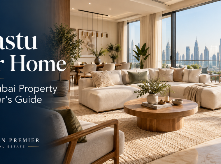 Vastu for Home blog cover showing a bright apartment living room with Dubai skyline views.
