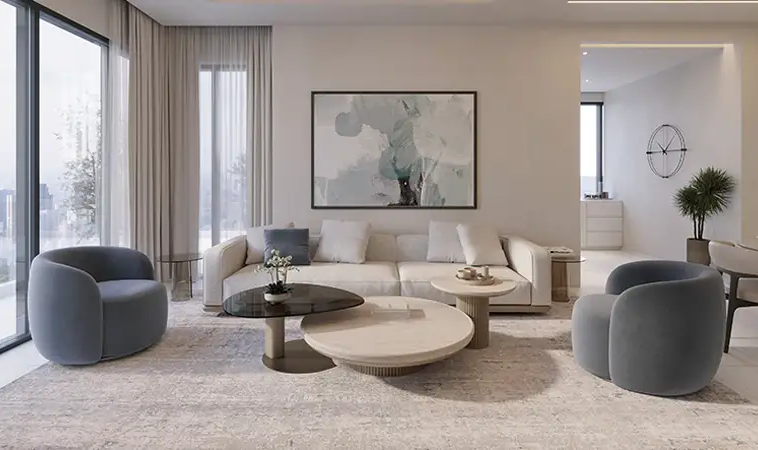 Furnished apartment living room at Wadi Hills in DLRC Dubai