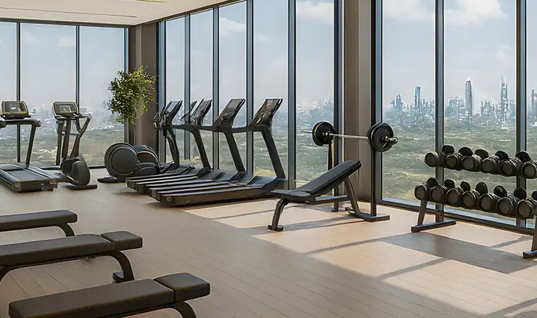 Modern gym with Dubai skyline views at Wadi Hills DLRC