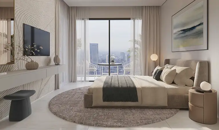 Modern furnished bedroom at Wadi Hills in Dubailand Dubai