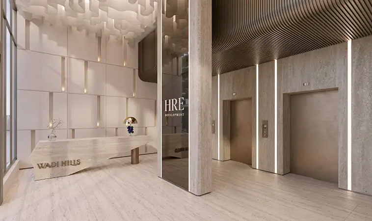 Luxury reception lobby at Wadi Hills in DLRC Dubai